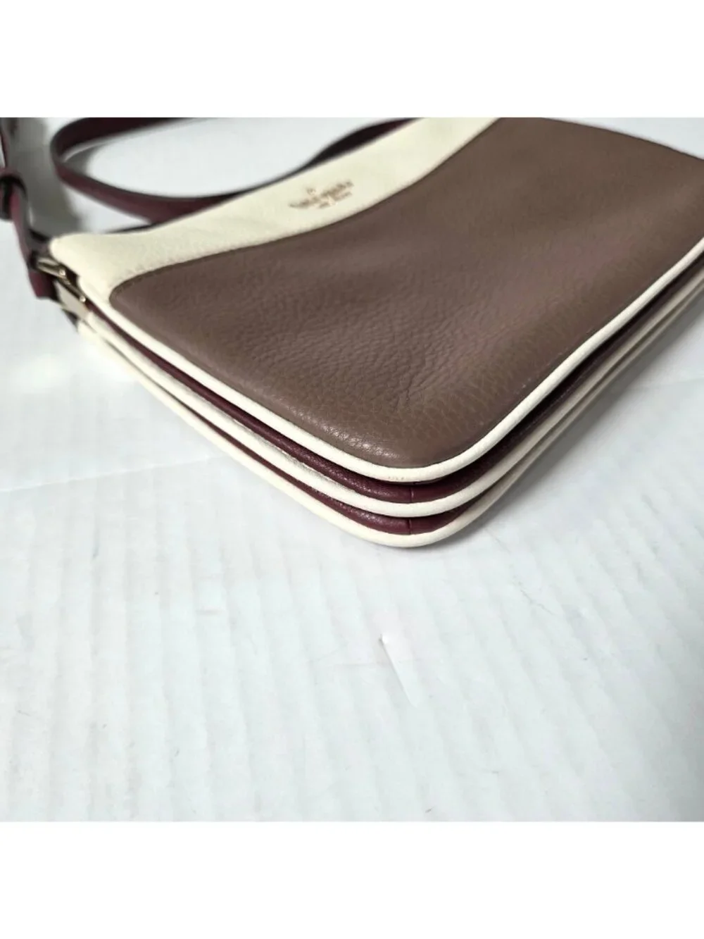 Kate Spade Purse Jackson Triple Gusset Neutral Cream Brown Leather Crossbody Bag